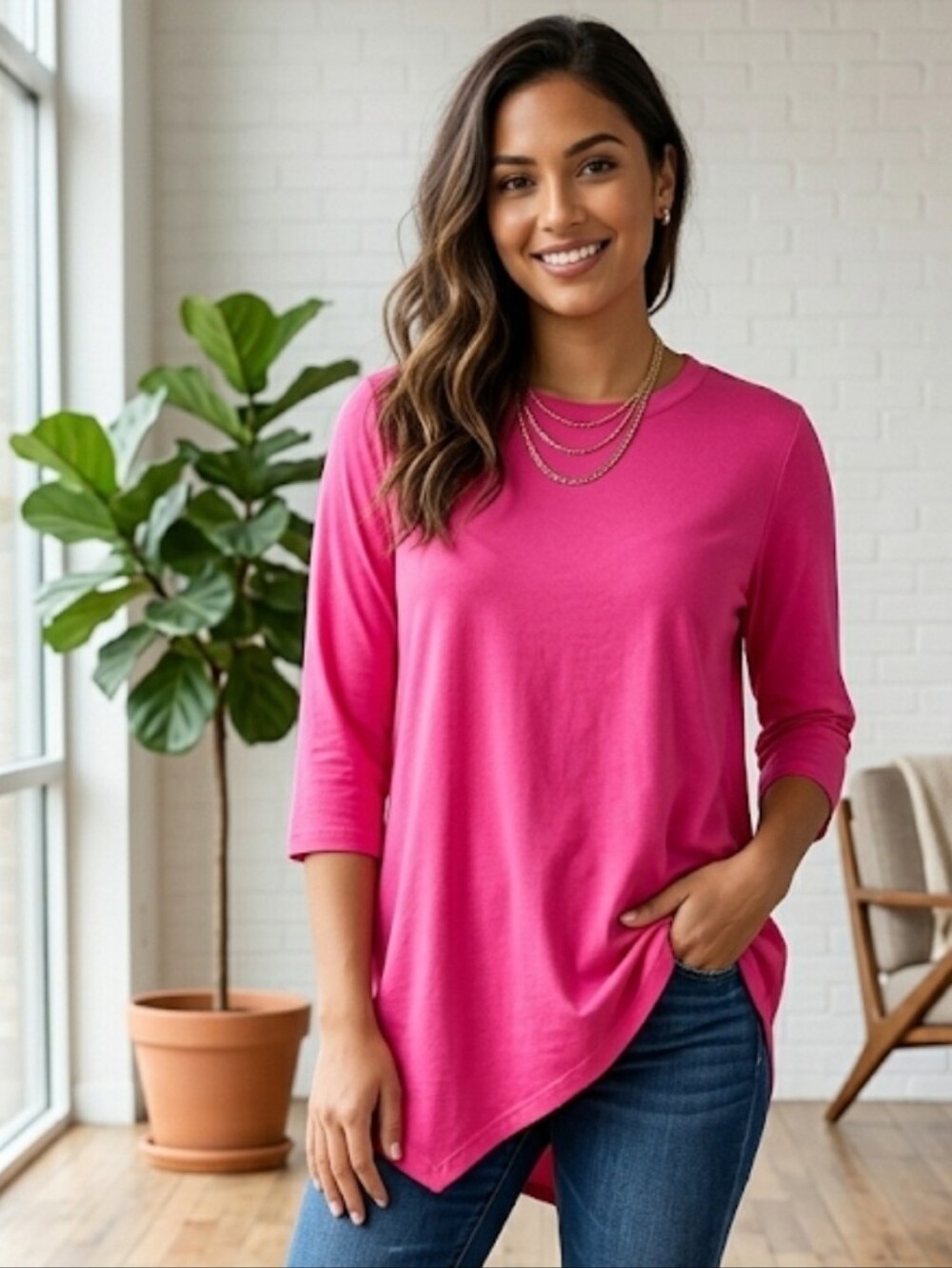 ELOQUII Women Top Tunic Hot Pink Asymmetric Hem 3/4 Sleeve